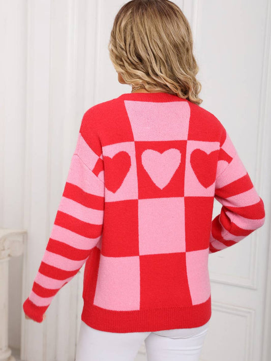 Haylee Checker & Stripe Sweater-Red