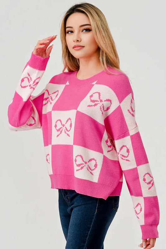Checkered Bow Print Sweater