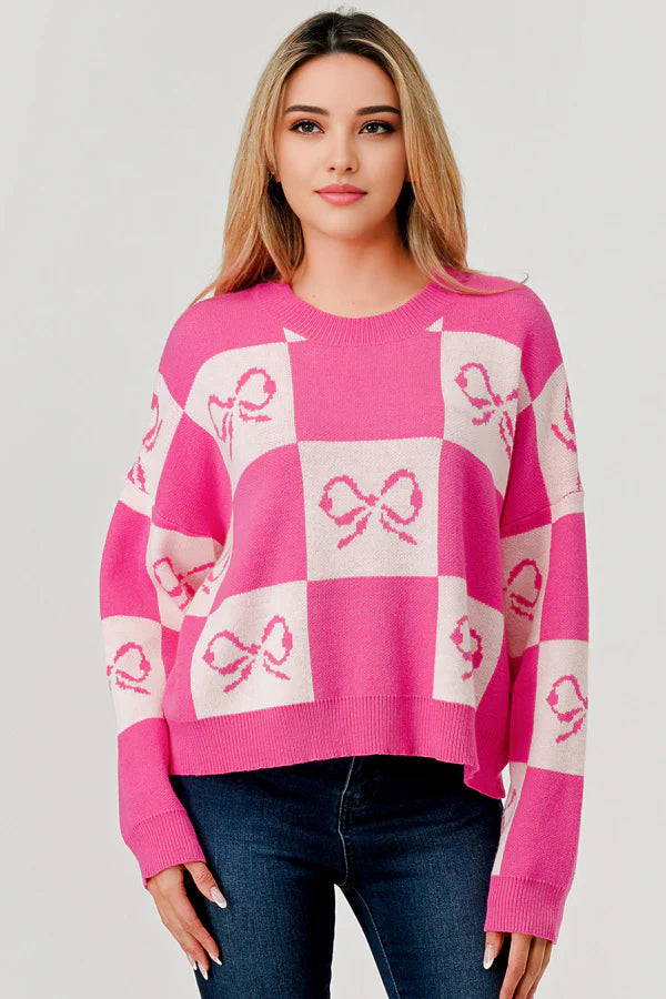 Checkered Bow Print Sweater