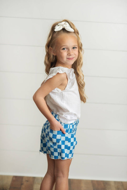 Kids Blue Checkered Denim Shorts