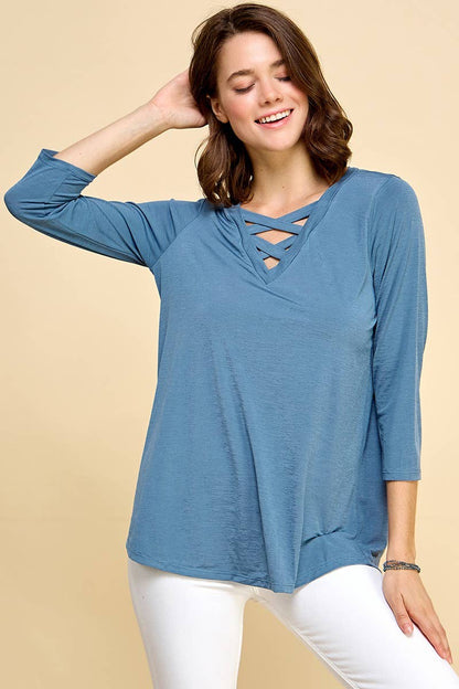 CRISS CROSS V-NECK 3/4 SLEEVE SOLID