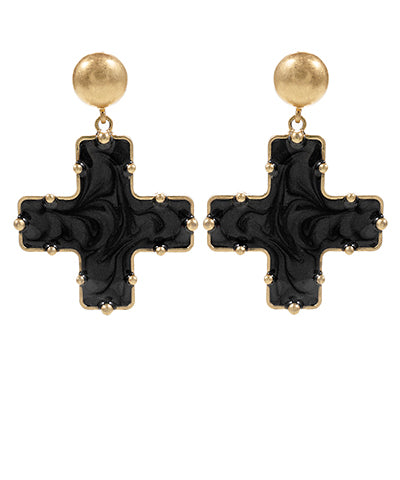 Black & Gold Marble Cross Earrings