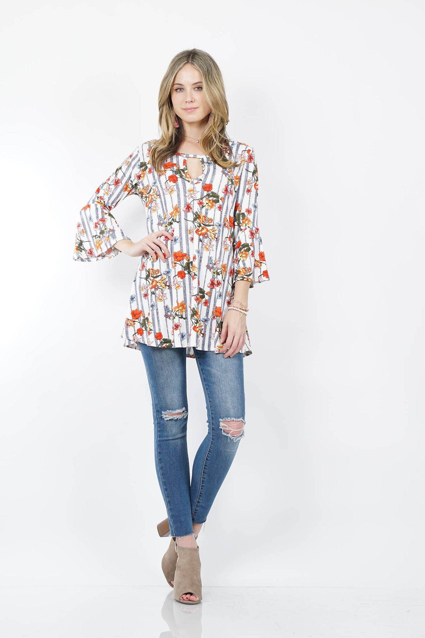 Ivory Flower Bell Sleeve Tunic Top