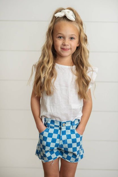 Kids Blue Checkered Denim Shorts