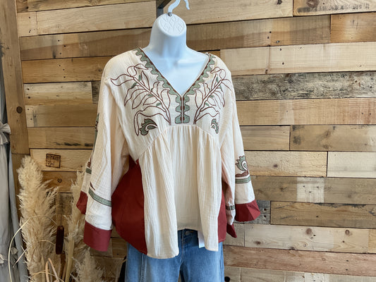 Embroidered V-neck Top- Jodifl