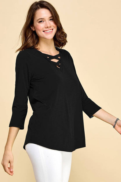 CRISS CROSS V-NECK 3/4 SLEEVE SOLID