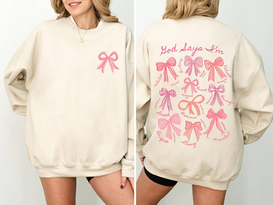 NVC Ecommerce LLC - God Says I Am Coquette Bow Sweatshirt, Pink Bow Shirt: Sand / M / Unisex Tee