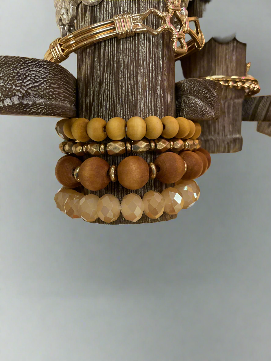 4 Row Multi Stone & Wood Bead Bracelet