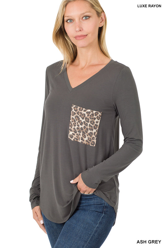 V-Neck Leopard Pocket Top