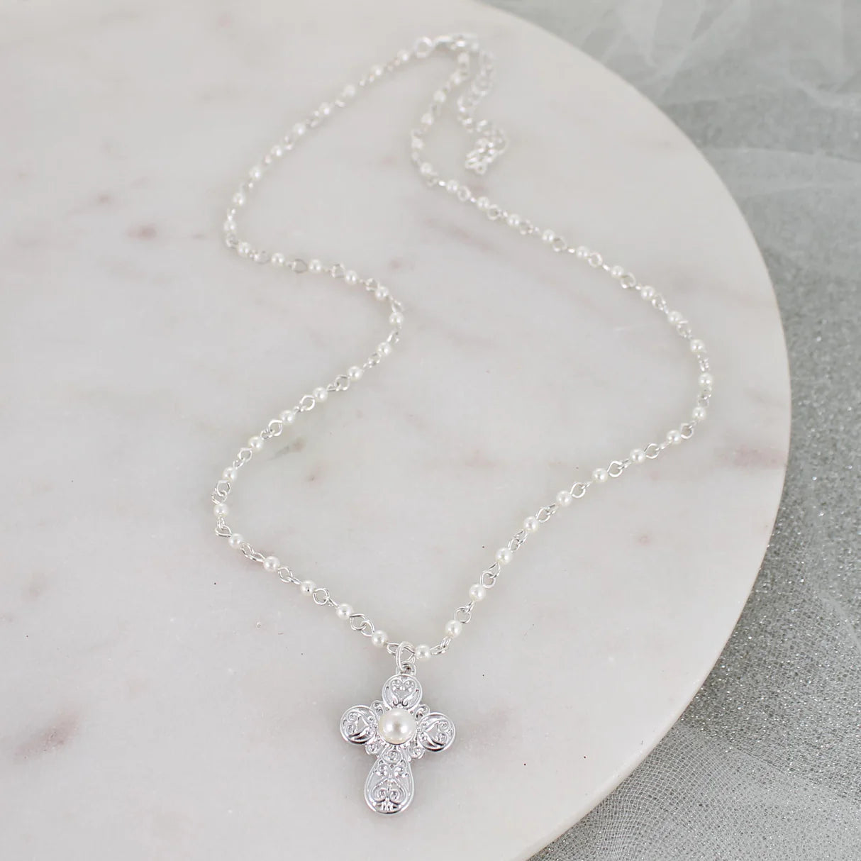 Silver Cross & Pearl Necklace