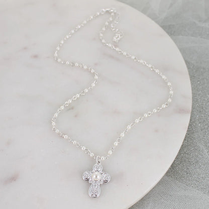 Silver Cross & Pearl Necklace