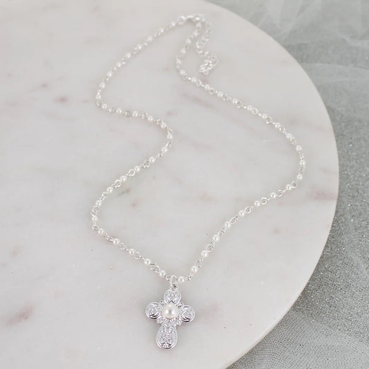Silver Cross & Pearl Necklace