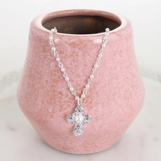 Silver Cross & Pearl Necklace