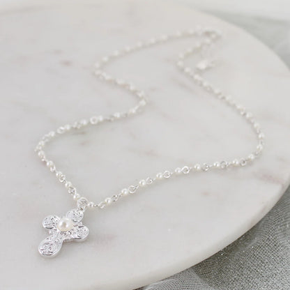 Silver Cross & Pearl Necklace