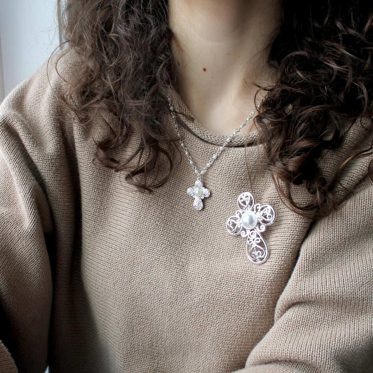 Silver Cross & Pearl Necklace