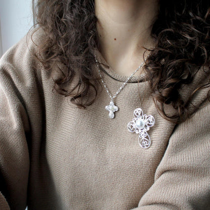 Silver Cross & Pearl Necklace