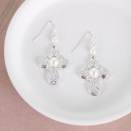 Silver Cross & Pearl Earrings