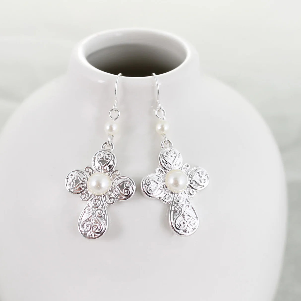 Silver Cross & Pearl Earrings