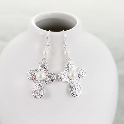 Silver Cross & Pearl Earrings