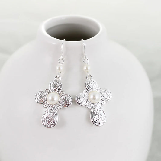 Silver Cross & Pearl Earrings