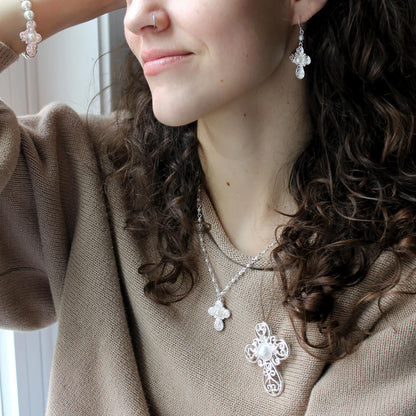 Silver Cross & Pearl Earrings