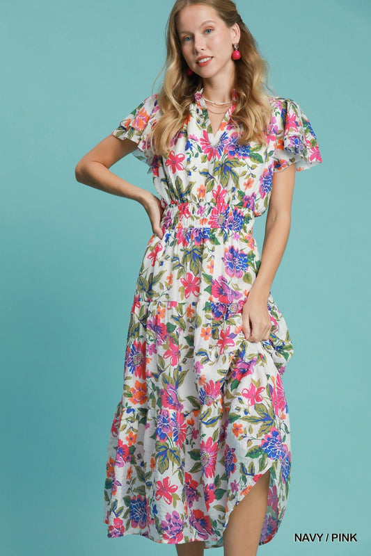 Floral V-neck midi Dress