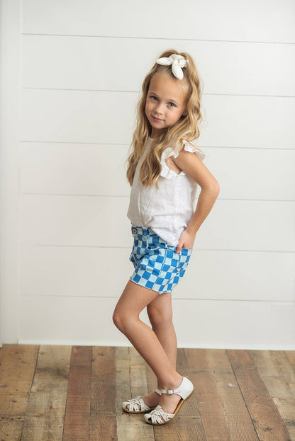 Kids Blue Checkered Denim Shorts