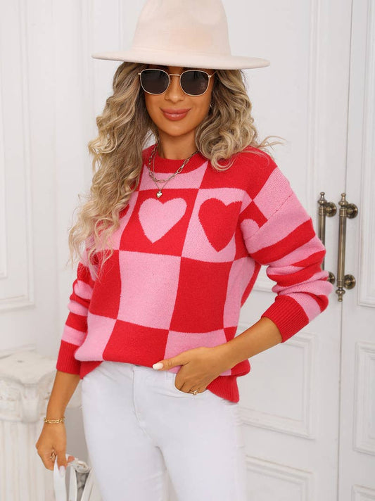 Haylee Checker & Stripe Sweater-Red