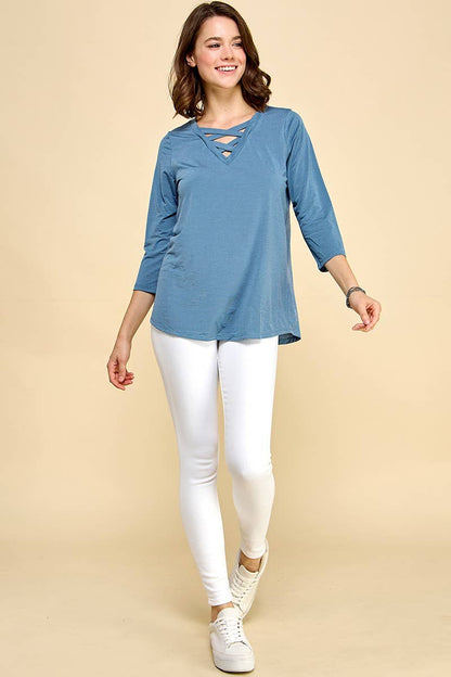 CRISS CROSS V-NECK 3/4 SLEEVE SOLID